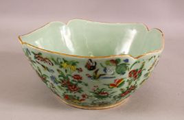 A LARGE 19TH CENTURY CHINESE CELADON FAMILLE ROSE PORCELAIN LOBED BOWL - decorated with a celadon