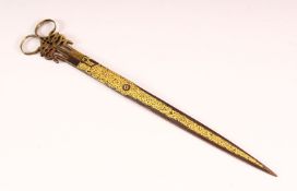 A FINE LARGE 19TH CENTURY TURKISH OTTOMAN GOLD INLAID CALLIGRAPHIC SCISSORS, 28cm long.