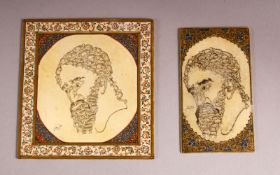 TWO ISLAMIC ANIMORPHIC PENWORK DECORATED IVORY MINIATURE PORTRAIT PLAQUES, 9cm x 9cm and 8.5cm x 4.