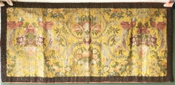 A 17TH CENTURY STYLE WOVEN AND SILK EMBROIDERED TAPESTRY PANEL, Circa 1920s, 3ft x 1ft 6ins.
