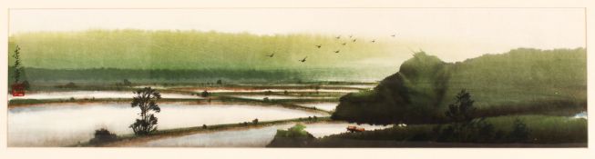 A CHINESE PAINTING OF A LANDSCAPE - the watercolour depicting fields - signed left section, framed -