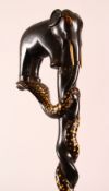 A GOOD CEYLONESE CARVED EBONY ELEPHANT & SERPENT HANDLE WALKING STICK - carved handle in the form of