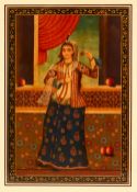 A LARGE PERISAN PAINTING OF A FEMALE FIGURE - The female stood interior with fruit - framed: 59cm