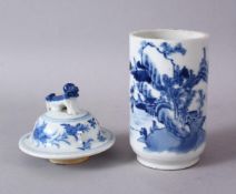 A 19TH CENTURY OR EARLIER CHINESE BLUE & WHITE PORCELAIN VASE & COVER, the vase with views of a