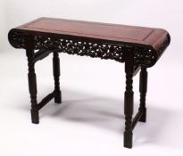 A GOOD 20TH CENTURY CHINESE ROSEWOOD ALTER TABLE, with scroll ends, pierced and carved frieze and