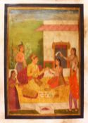 AN INDIAN PRINT ON CANVASS OF PRINCE AND ATTENDANTS, seated in the garden having a picnic