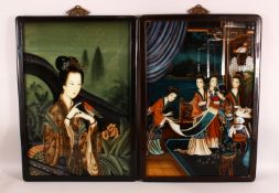 A PAIR OF CHINESE REVERSE PAINTED GLASS PAINTINGS - each depicting Chinese beauties - ladies in an