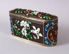 A CHINESE SILVER & ENAMEL LIDDED BOX, with enamel decoration of native flora, base marked silver,