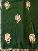 A GREEN SHAWL WITH GOLD DECORATION, 20th Century, together with a fine silk woven shawl, circa 1920,