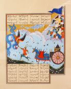 A LARGE PERSIAN PAINTING OF FIGURES AND HORSE - the painting depicting many figures with horses