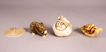 A CARVED IVORY NETSUKE DEPICTING A BOAR, along with another of a snail, an amusing netsuke and a