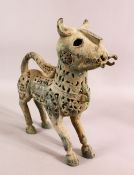 A LARGE DECORATIVE SILVER INLAID REPRODUCTION OF A 13TH CENTURY LION INCENSE BURNER, the sides