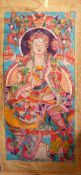 A LARGE CHINESE PAINTED TEXTILE THANKA, painted with scenes of a seated goddess with attendant,