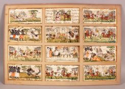 A MOUNTED COLLECTION OF TWELVE INDIAN MINIATURES, depicting various scenes, each 14cm x 6.6cm,