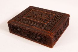 A 19TH / 20TH CENTURY INDIAN CARVED WOODEN BOX - the box with a removable lid revealing storage