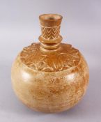 A 19TH CENTRUY INDIAN MUGHAL STONE CARVED HUQQA BASE, carved with leaf border design, 23cm high.