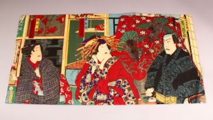 TWO LATE 19TH CENTURY JAPANESE TRYPTIC WOODBLOCK PRINTS, Kabuki Actors by Kunichika Toyohara 1835-