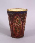 A CHINESE 19TH CENTURY CLOSIONNE BEAKER, with floral motif decorated panels and enameled interior,
