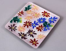 A JAPANESE TAISHO ANDO CLOSIONNE SQUARE FORMED DISH, with a pale pink ground and flower head