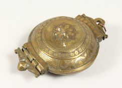 AN INDIAN, ENGRAVED BRASS, FOLDING, TRAVELLING SPICE BOX. 4.5ins wide.
