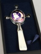 A SILVER AND ENAMEL CAT/MOUSE BABY'S RATTLE