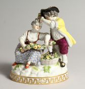 A 19TH CENTURY MEISSEN PORCELAIN GROUP OF A YOUNG BOY AND GIRL with encrusted garlands on an oval