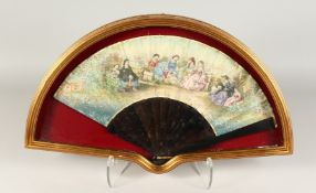 A FRAMED AND GLAZED FRENCH FAN on paper with tortoiseshell 12ins x 20ins