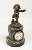 A 19TH CENTURY FRENCH BRONZE AND MARBLE CLOCK surmounted with a bronze putti. 16in high.