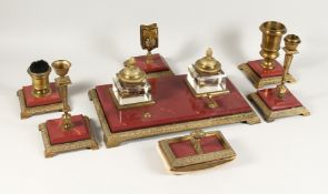 A SUPERB RUSSIAN HARDSTONE AND GILT METAL DESK SET, comprising inkstand with two glass bottles, 13