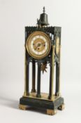A GOOD GOTHIC DESIGN BRONZE AND ORMOLU CLOCK, the dial with 2 rings 1 - 12 & 1 - 31. 18ins high.