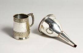 A SHEFFIELD PLATE WINE FUNNEL and a christening mug (2)
