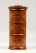 A THREE TIER SPICE HOLDER, GINGER, MACE AND NUTMEG. 8ins high