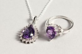 A SILVER AMETHYST AND DIAMOND PENDANT AND RING