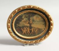 AN ITALIAN GILDED WOOD OVAL PICTURE, dancing cherubs 4ins x 5ins