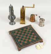 A BRASS SPICE GRINDER, A SUGAR SIFTER, A GREEK CHESS BOARD and two small grinders (5).