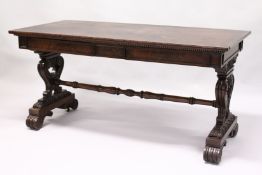 A VERY GOOD GILLOW MODEL RECTANGULAR TOP TABLE with plain top, two frieze drawers, carved and