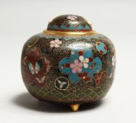 A JAPANESE CLOISSONE ENAMEL CENSER with panels of flowers and butterflies 3ins high