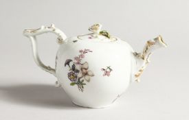A 19TH CENTURY MEISSEN BULLET SHAPED TEA POT painted and encrusted with flowers. (Lid A F). cross