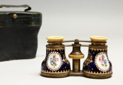 A VERY GOOD SET OF ENAMEL AND IVORY OPERA GLASSES, rich blue ground painted with flowers, in leather