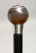 A BANDED AGATE BALL TOP CANE 3ft long