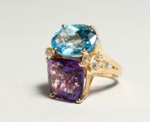 A GOOD 18CT GOLD AMETHYST, TOPAZ AND DIAMOND SET RING.