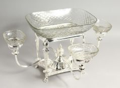 A VERY GOOD LARGE PLATED CENTREPIECE with cut glass dish and four arms each with a small cut glass