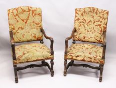 A GOOD PAIR OF 17TH CENTURY DESIGN WALNUT OPEN ARMCHAIRS, with needlework upholstered backs and