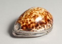 A GEORGIAN SILVER NOVELTY SHELL SNUFF BOX, the lid with repousse decoration 3.5ins long.