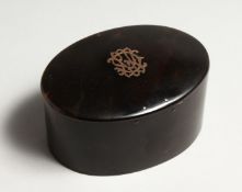 A VICTORIAN OVAL TORTOISESHELL BOX with gold letters 3.75 ins