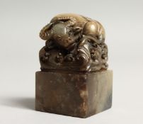 A CHINESE CARVED JADE WATER BUFFALO SEAL Square base 2.5ind high