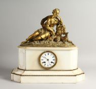 A 19TH CENTURY FRENCH ORMOLU AND WHITE MARBLE CLOCK by Stenward, Boulonge.. The top with classical
