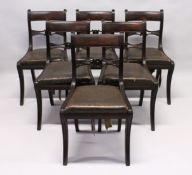 A GOOD SET OF SIX REGENCY MAHOGANY DINING CHAIRS, reeded frames, sabre legs and drop in seats