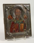AN EARLY RUSSIAN ICON with copper mount. 9.25 x 8ins
