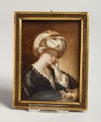 A 19TH CENTURY PORTRAIT OF A TURKISH LADY with a scroll 3ins x 2.25ins